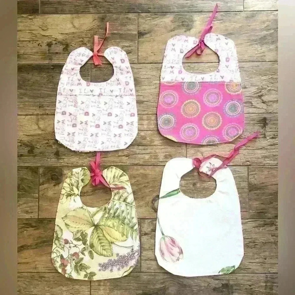 Vintage Other - LOT OF 4 BABY GIRL PINK HANDMADE VTG FABRIC BIBS
